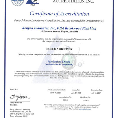 Brookwood Finishing is now ISO/IEC 17025:2017 accredited!