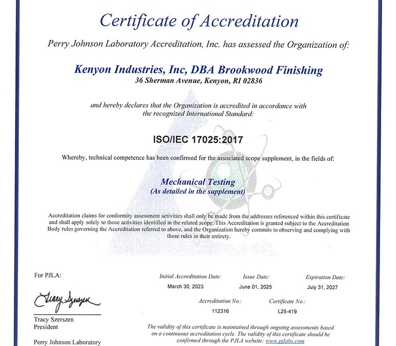 Brookwood Finishing is now ISO/IEC 17025:2017 accredited!